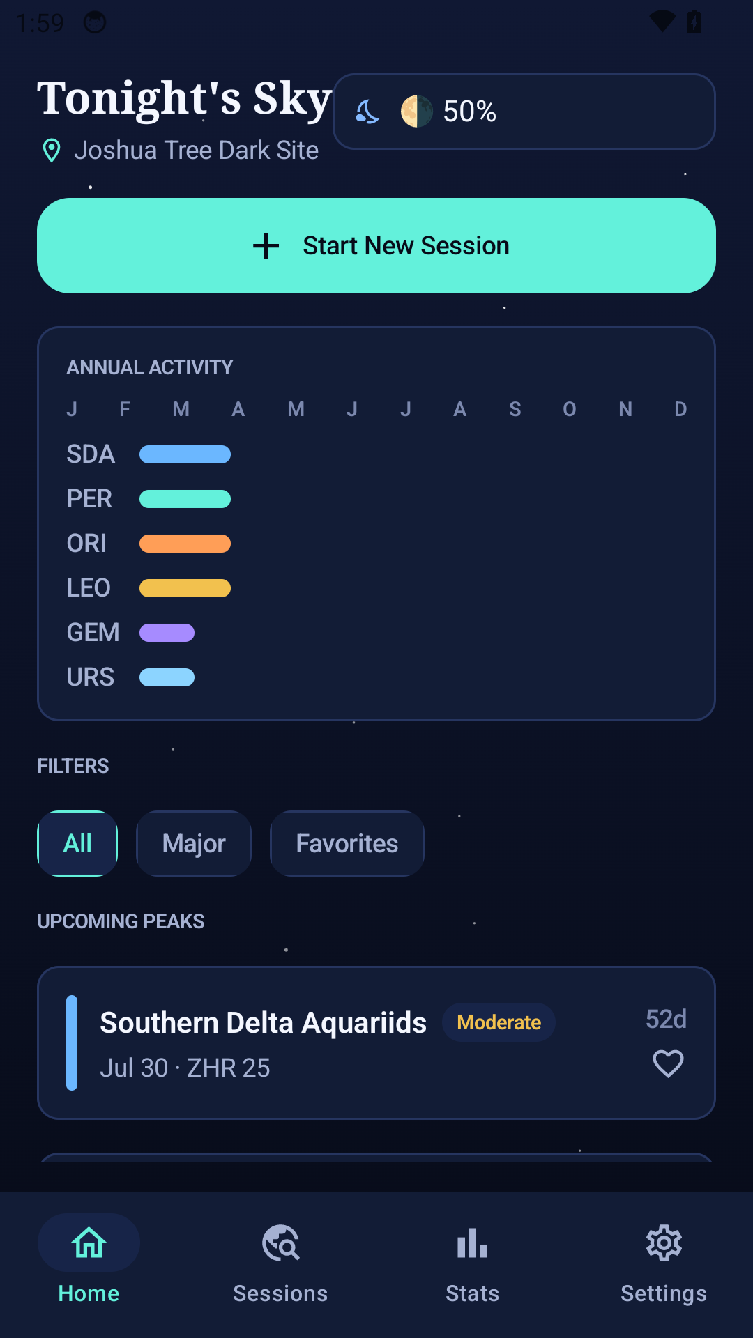 Meteor Watch home screen