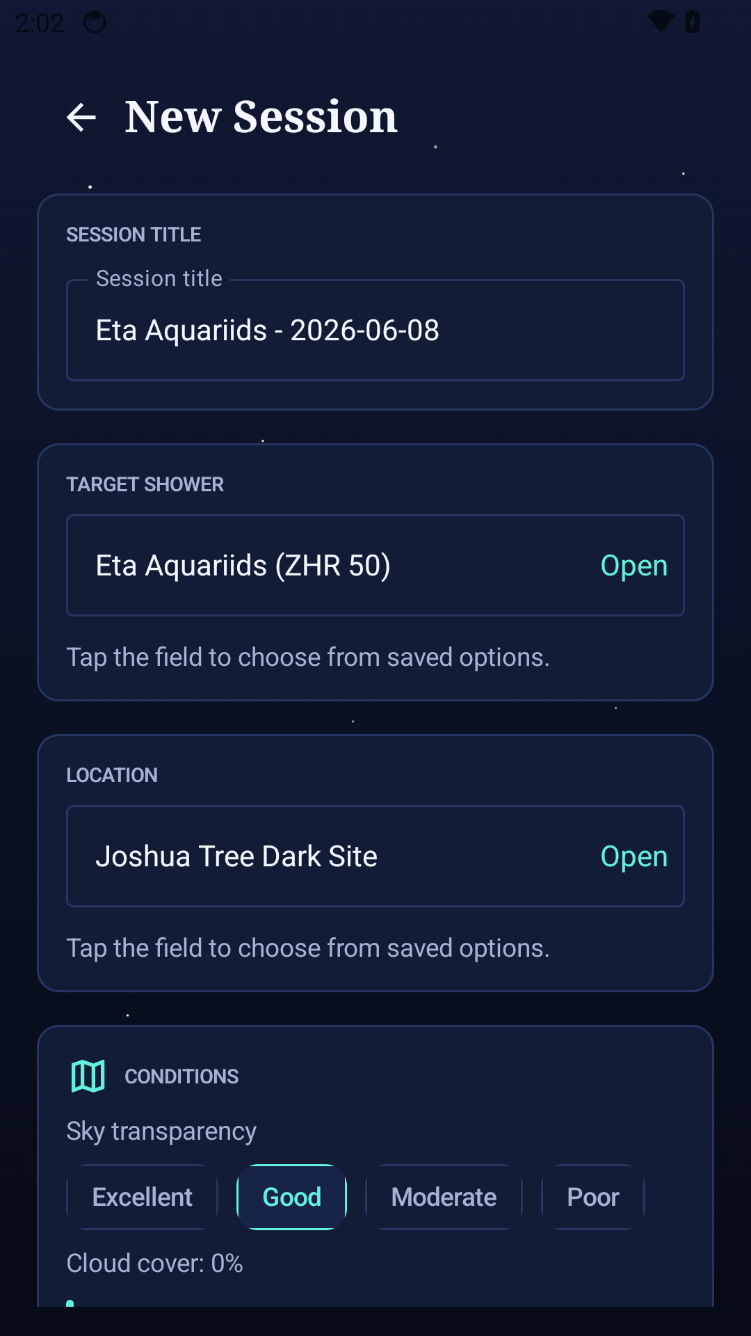 New observation session screen