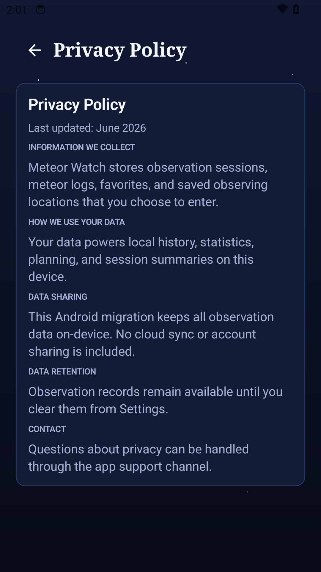 Privacy policy screen inside app