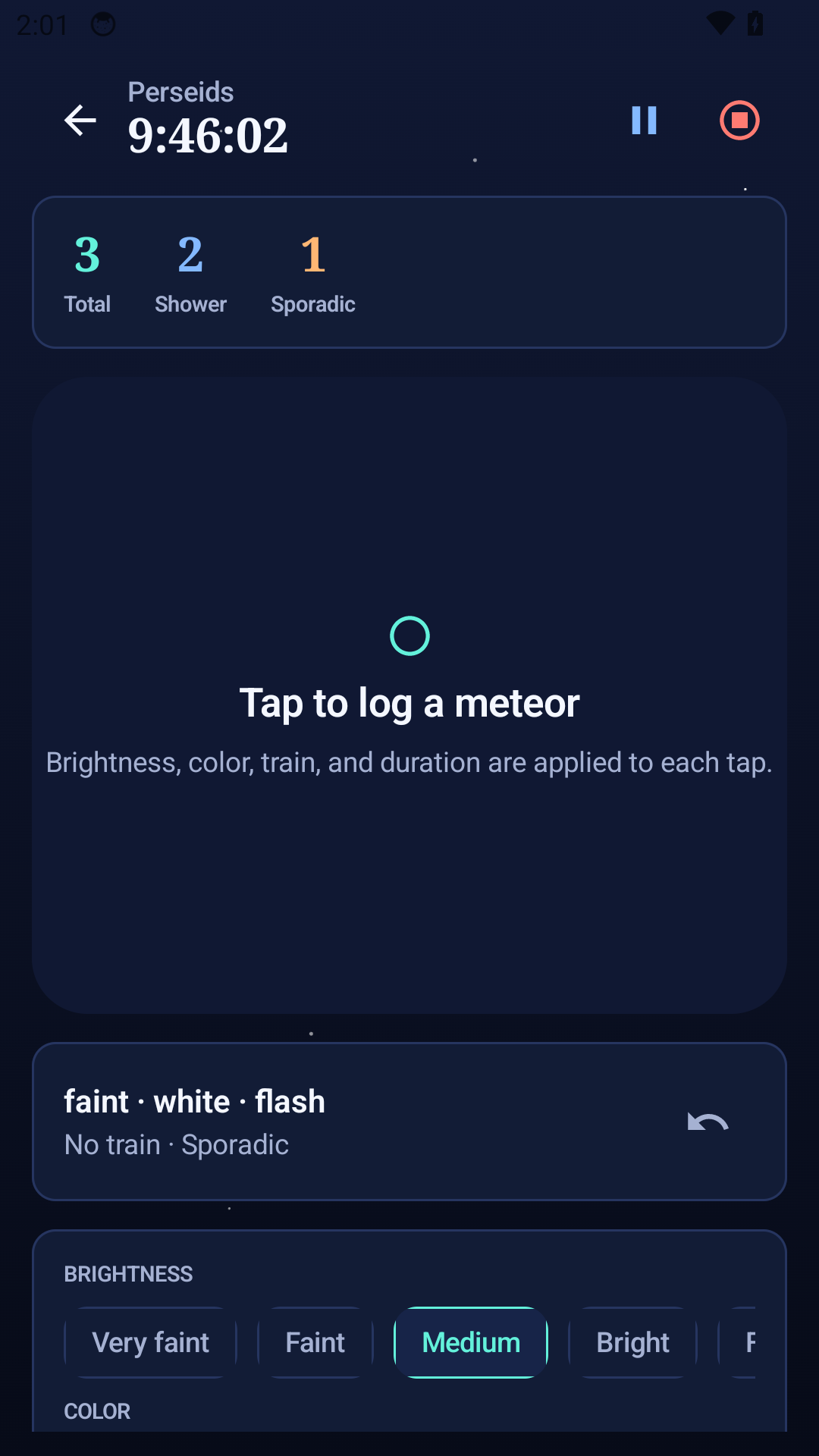 Meteor Watch session screen